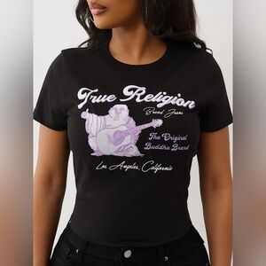 True Religion Y2K Women's Black Embroidered Buddha Logo Short Sleeve T-Shirt NWT